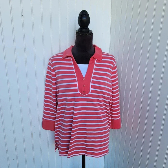 Drappers & Damon's Pullover Knit Top Shirt Women's Coral Pink White Striped Sz L - Picture 1 of 10